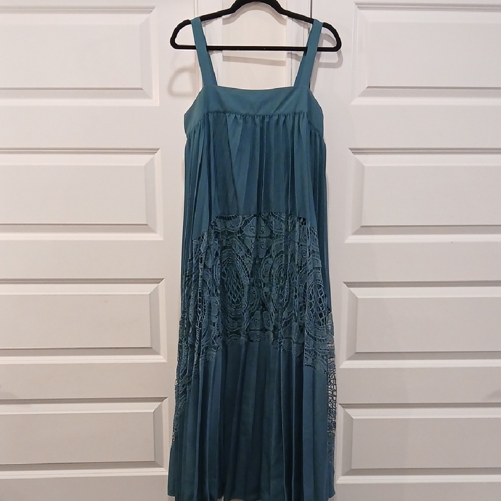 Anthropologie Geisha Designs Lace Pleated Maxi Dress Green Blue Size Small - Picture 2 of 7